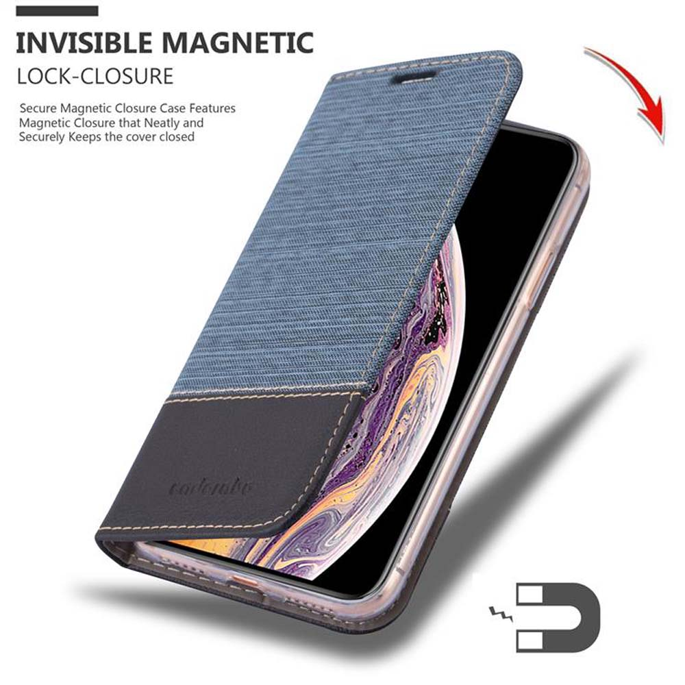 Una custodia per telefono con un telefono dentro è aperta. Testo: Chiusura magnetica invisibile.
