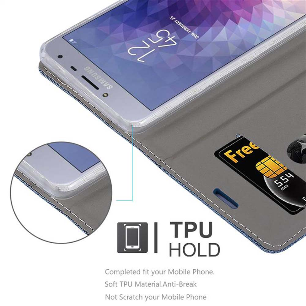 Telefono in custodia con slot per schede. Primo piano del telefono, della scheda e dei dettagli delle cuciture.