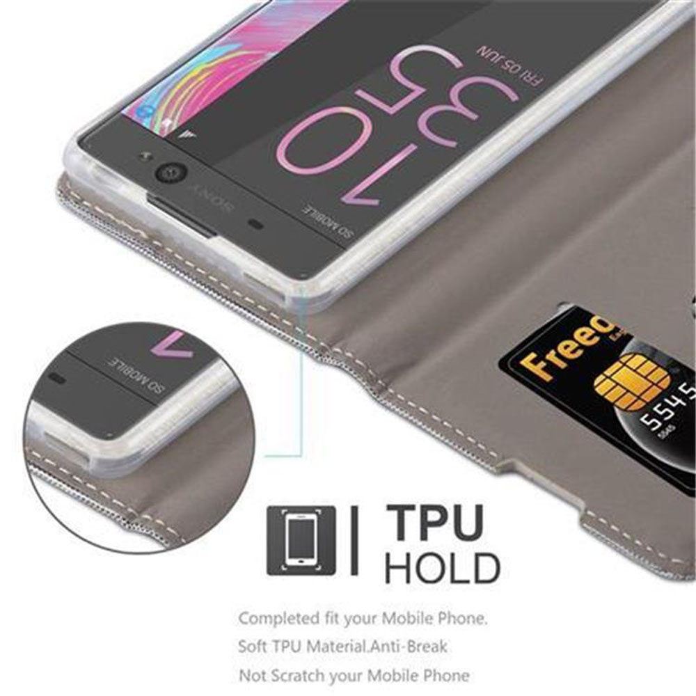 Telefono nella custodia, che mostra lo schermo e una carta di credito in uno slot. Il testo recita 'TPU HOLD' e 'TPU Hold'.