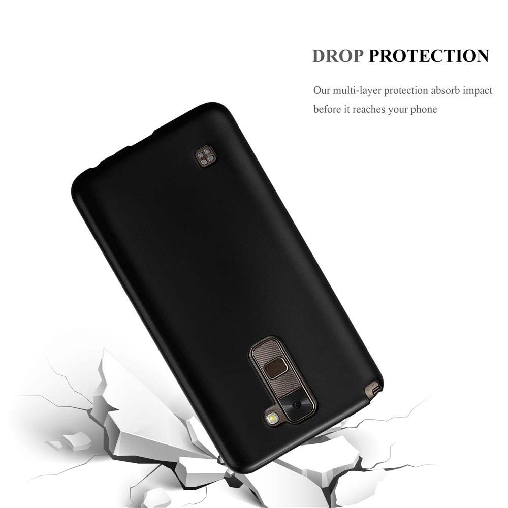 Schwarze Handyhülle mit Telefon. Die Hülle liegt über einer rissigen Oberfläche.