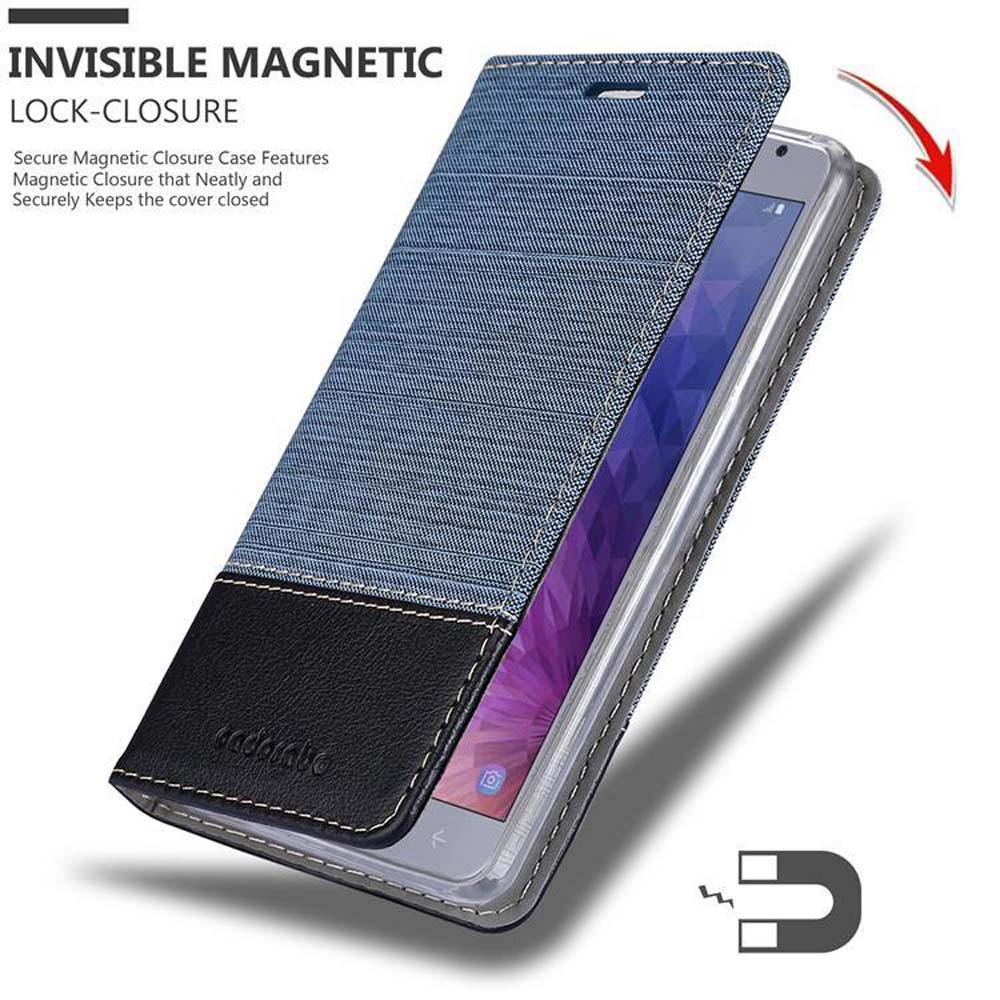 Telefono in custodia di jeans, con chiusura magnetica, che rivela il telefono.