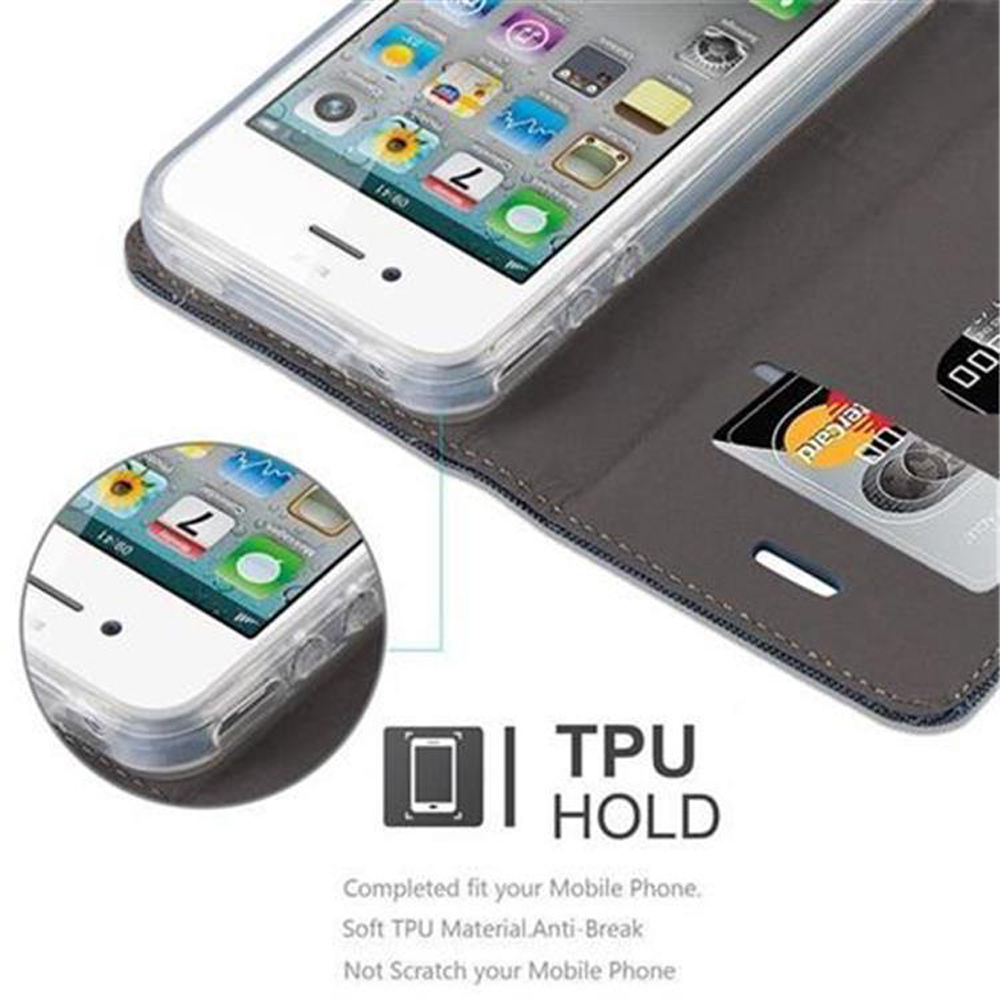 Telefono in custodia con slot per schede, che mostra l'ora e una carta. L'immagine mostra il telefono e la custodia.