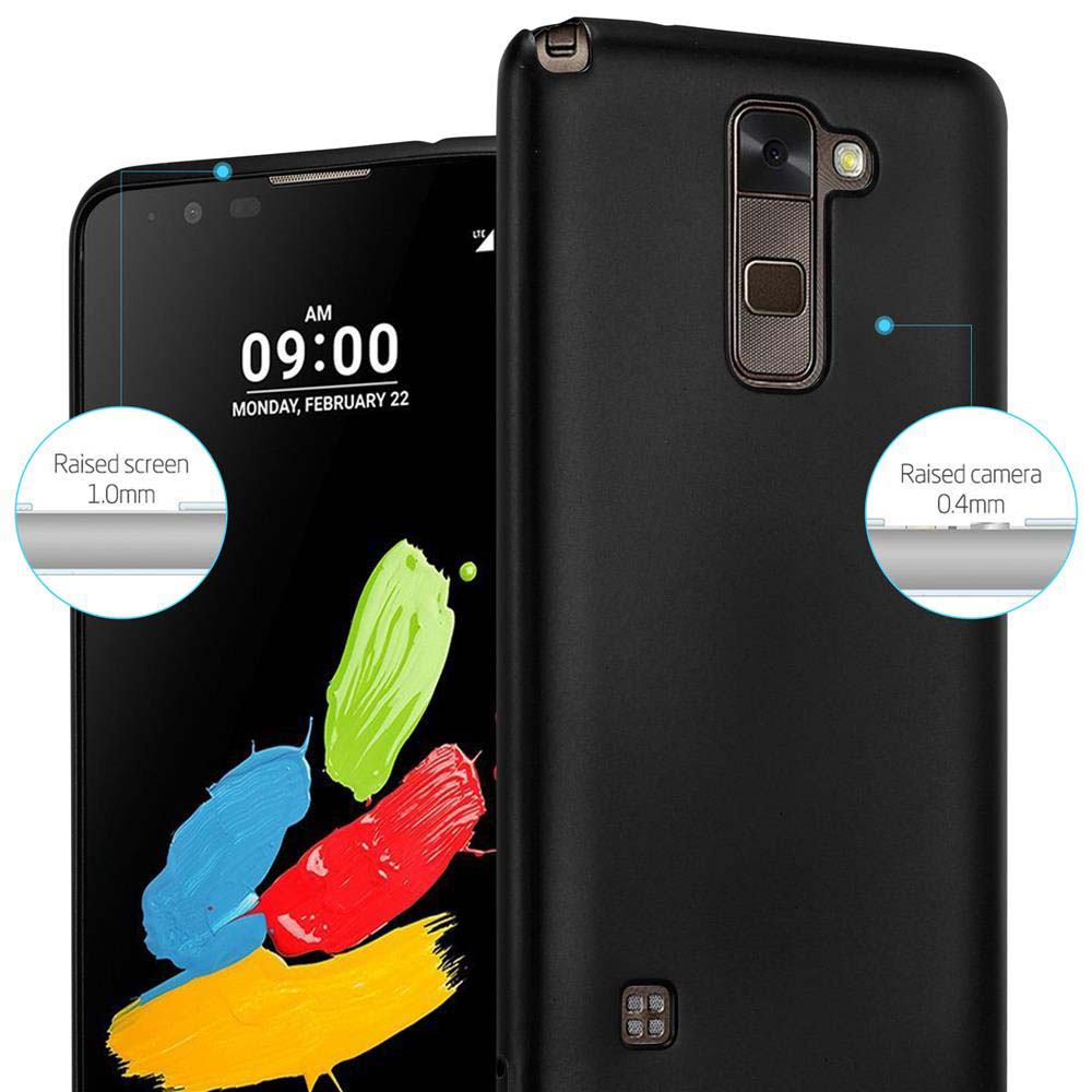 Schwarzes Telefon in einer Hülle. Das Telefon ist eingeschaltet und zeigt Uhrzeit und Datum.