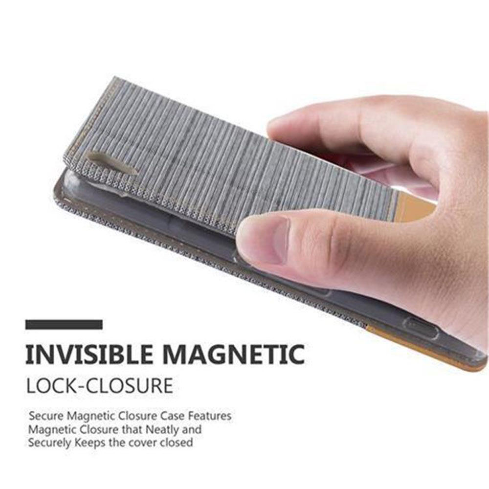 Mano che tiene una custodia grigia per telefono. Testo: Chiusura magnetica invisibile. La custodia è aperta.