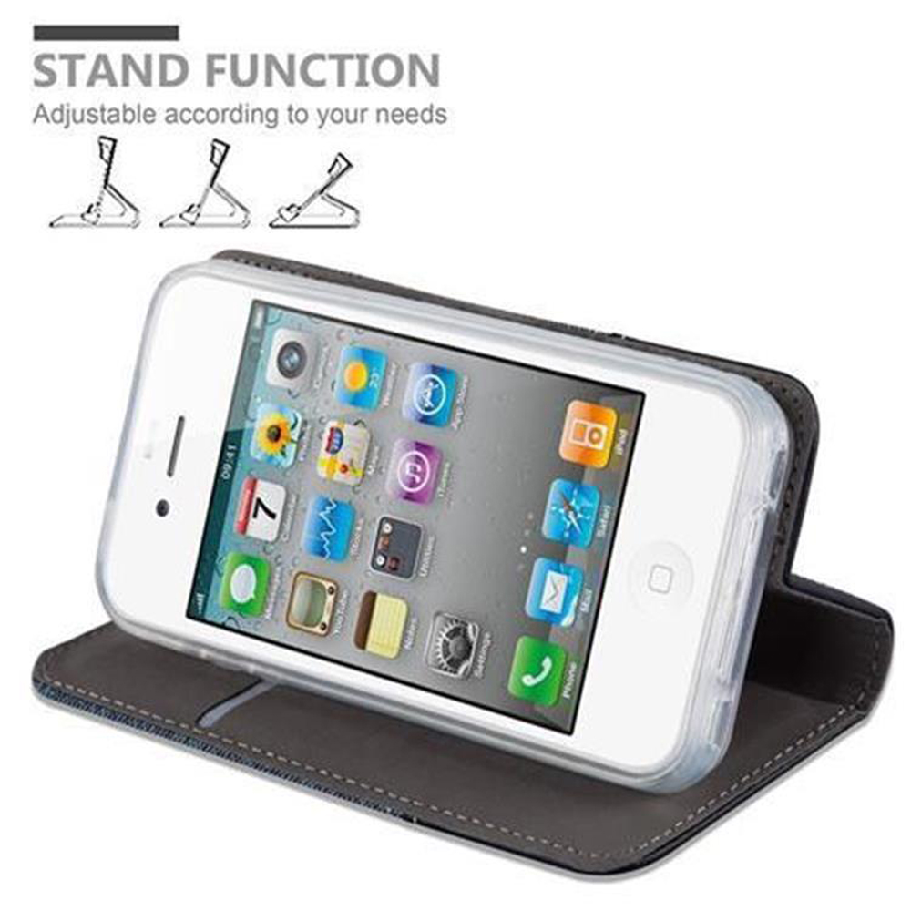 Telefono bianco in custodia grigia con funzione stand. Lo schermo mostra icone app.
