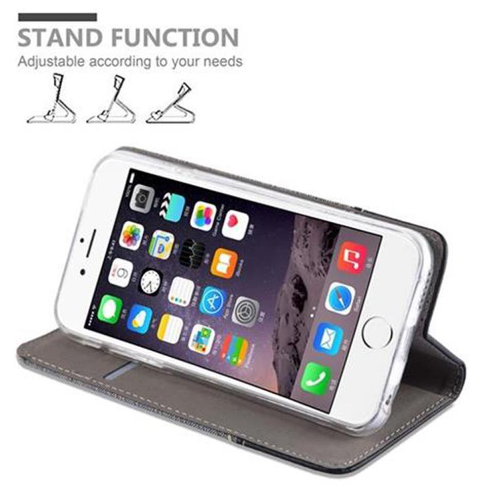 Smartphone bianco in custodia grigia, aperto per visualizzare le icone. Funzione supporto, regolabile.