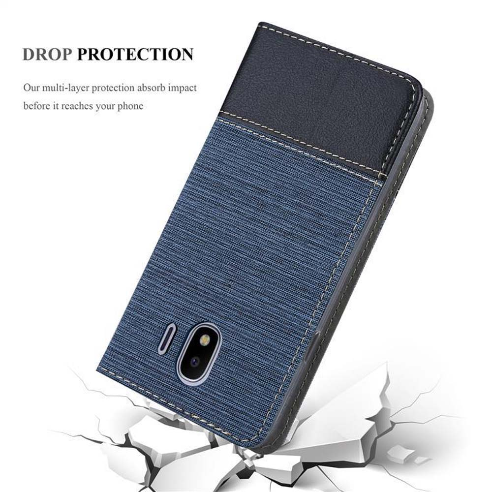 Custodia per telefono blu e nera. La custodia è chiusa e ha un terreno crepato. Concetto di protezione dalle cadute.