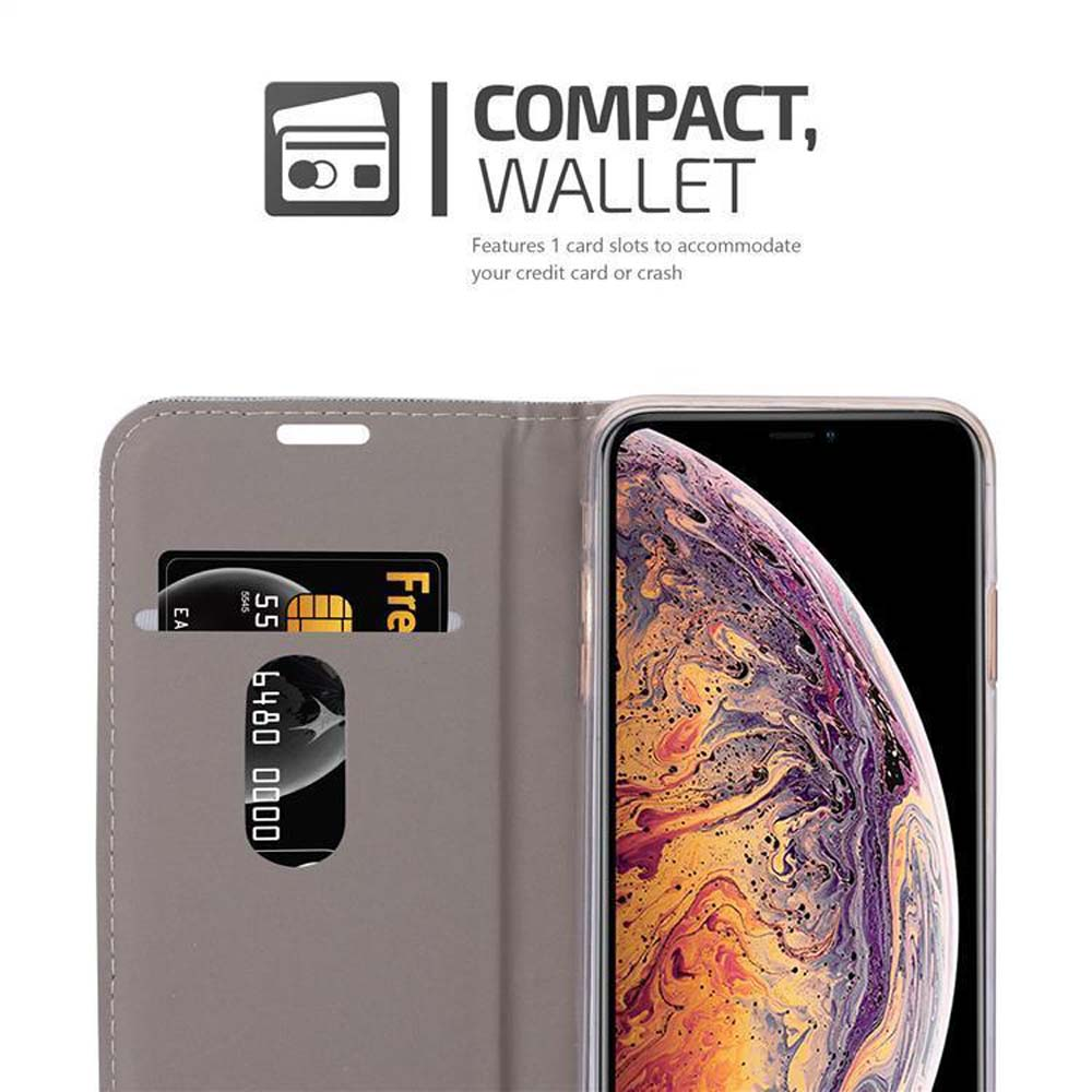 Custodia per telefono con fessura per carte, carta di credito visibile. Schermo del telefono con sfondo colorato.