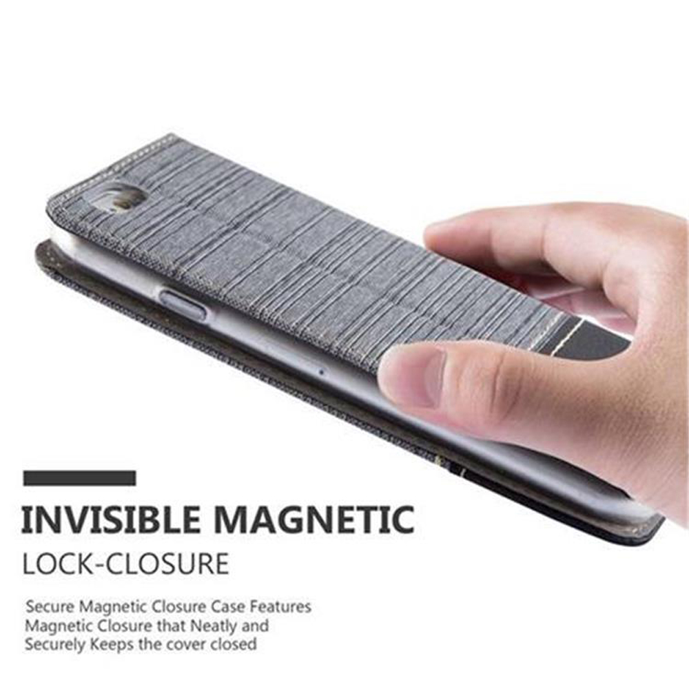 Telefono in custodia. Una mano tiene la custodia. Testo: Chiusura magnetica invisibile.