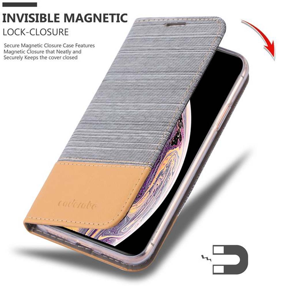 Custodia per telefono aperta con telefono dentro. La custodia è grigia e marrone, con un magnete.