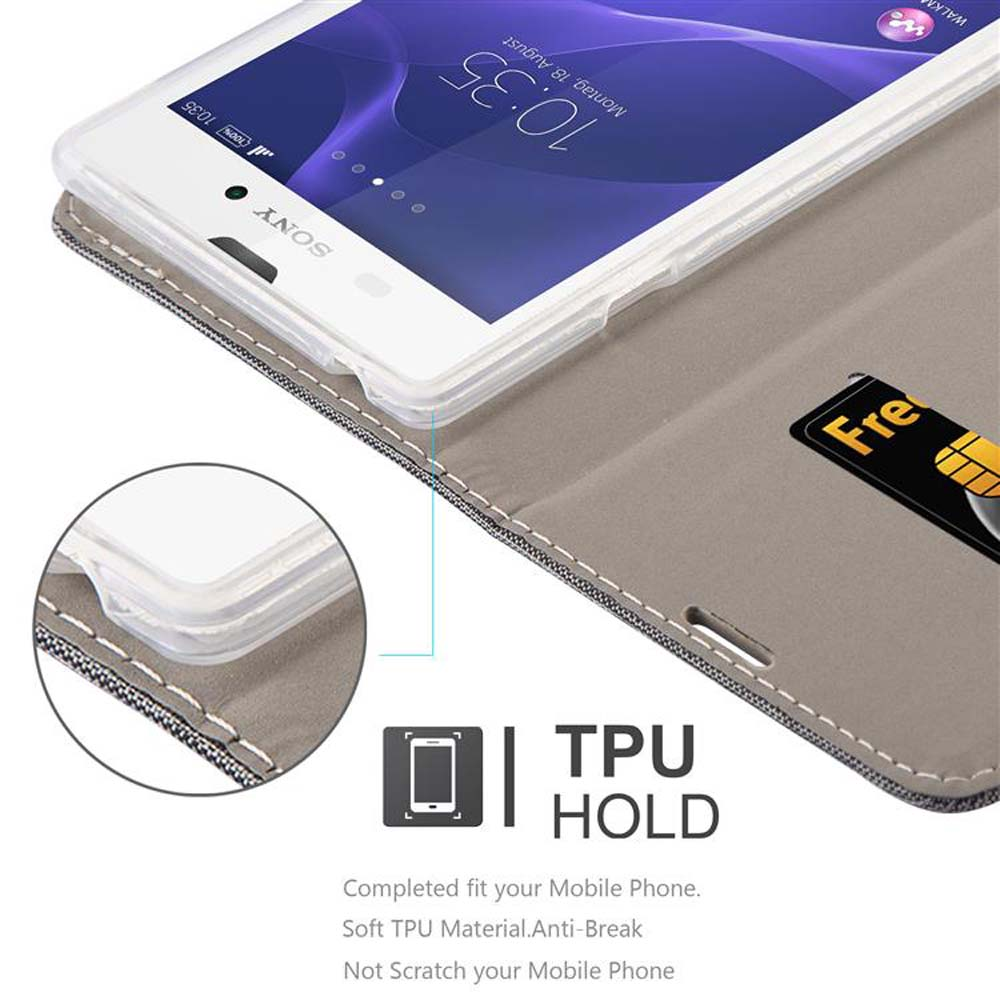 Teléfono blanco en funda gris, tarjeta de crédito en bolsillo. El texto "TPU HOLD" es visible.