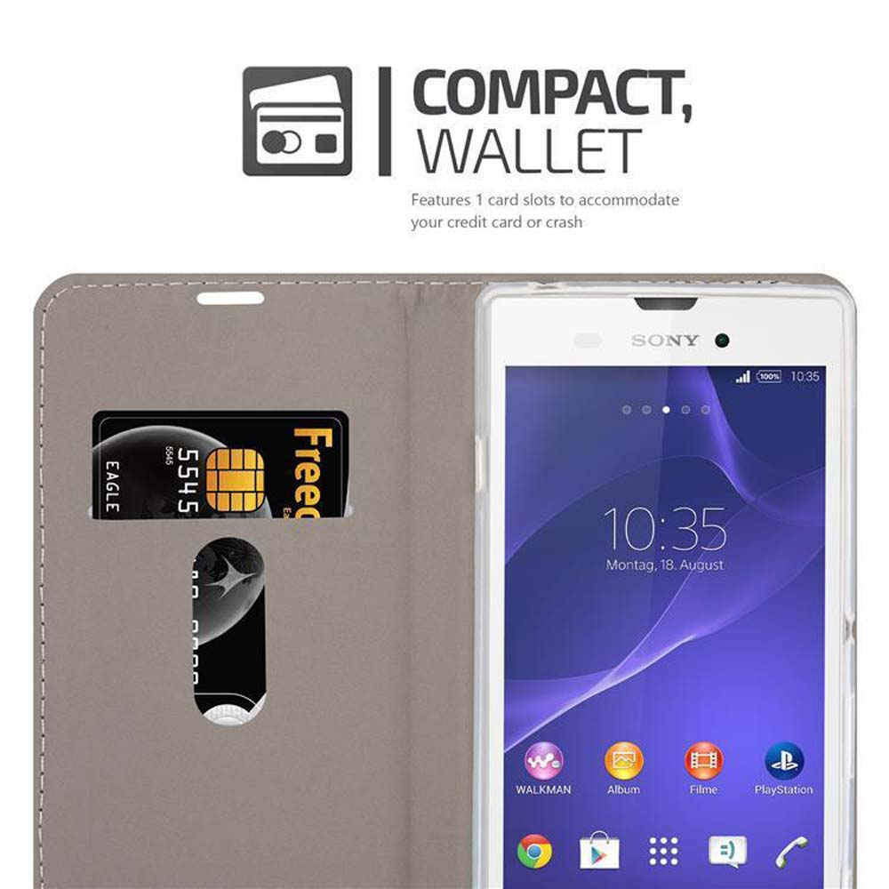 Smartphone en una funda de billetera con tarjeta de crédito visible. El fondo tiene información del producto.