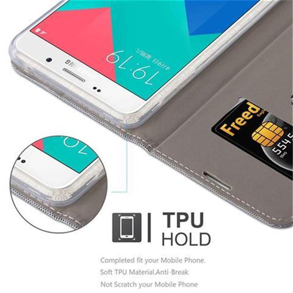 Telefon in grauem Etui mit Kreditkarte. Text: TPU-Halterung.