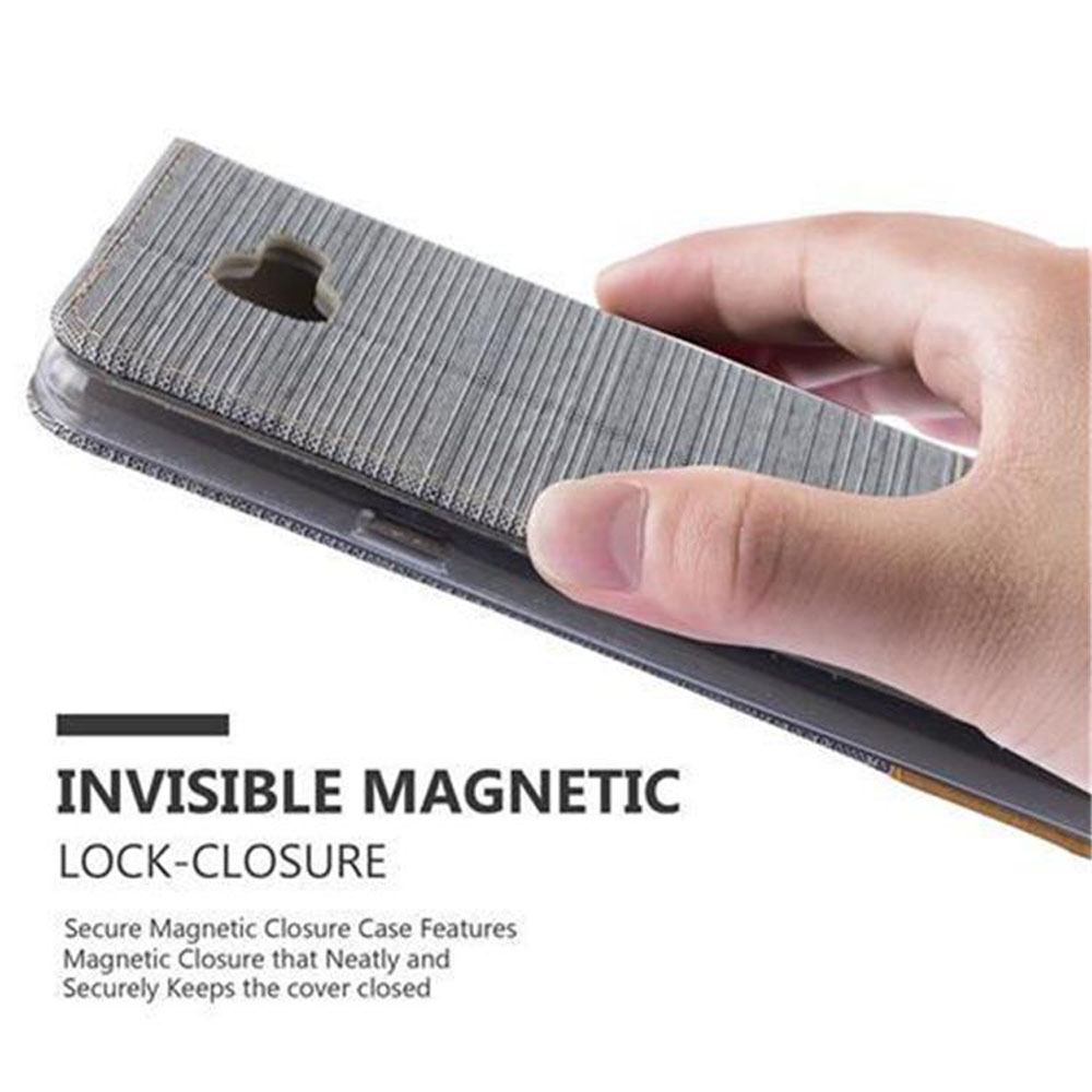 Hand hält eine Handyhülle, Text 'INVISIBLE MAGNETIC LOCK-CLOSURE' und Beschreibung.