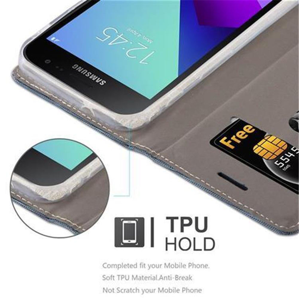 Telefono in una custodia grigia con carta di credito. Testo: Supporto in TPU.