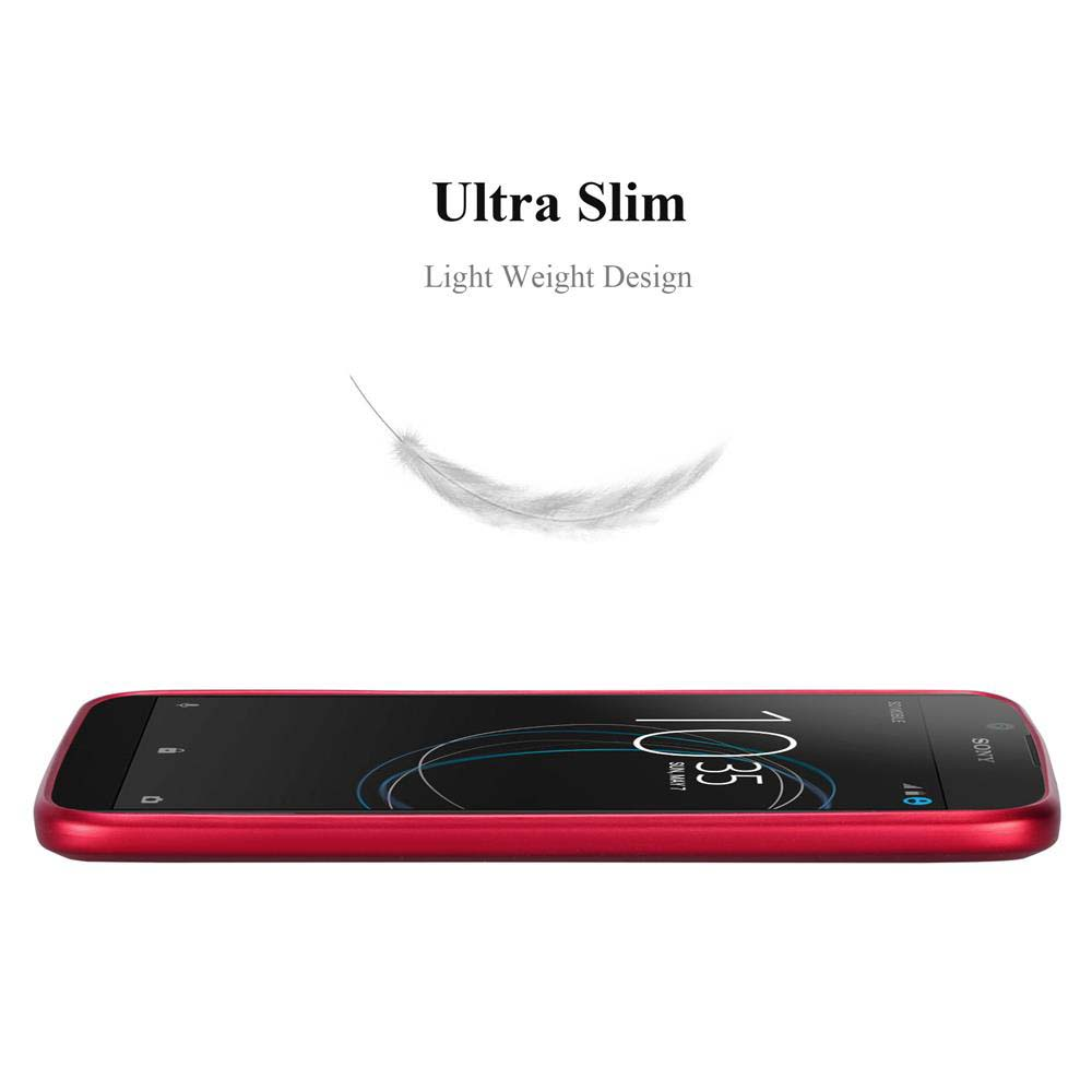 Un telefono rosso è piatto. Una piuma è sopra. Il testo recita: 'Ultra Slim, Light Weight Design'.