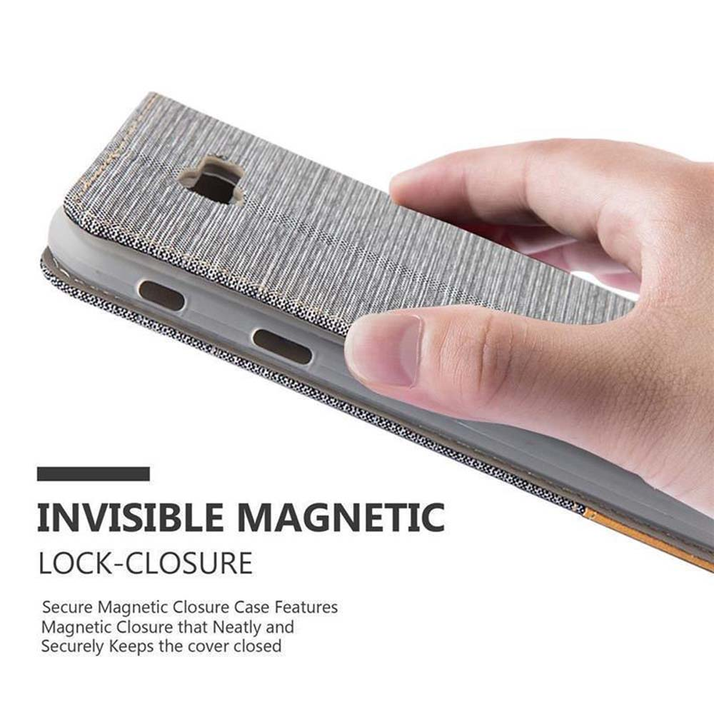 Hand hält eine Handyhülle. Hülle ist grau mit strukturiertem Muster und Magnetverschluss. Text sagt INVISIBLE MAGNETIC LOCK-CLOSURE.