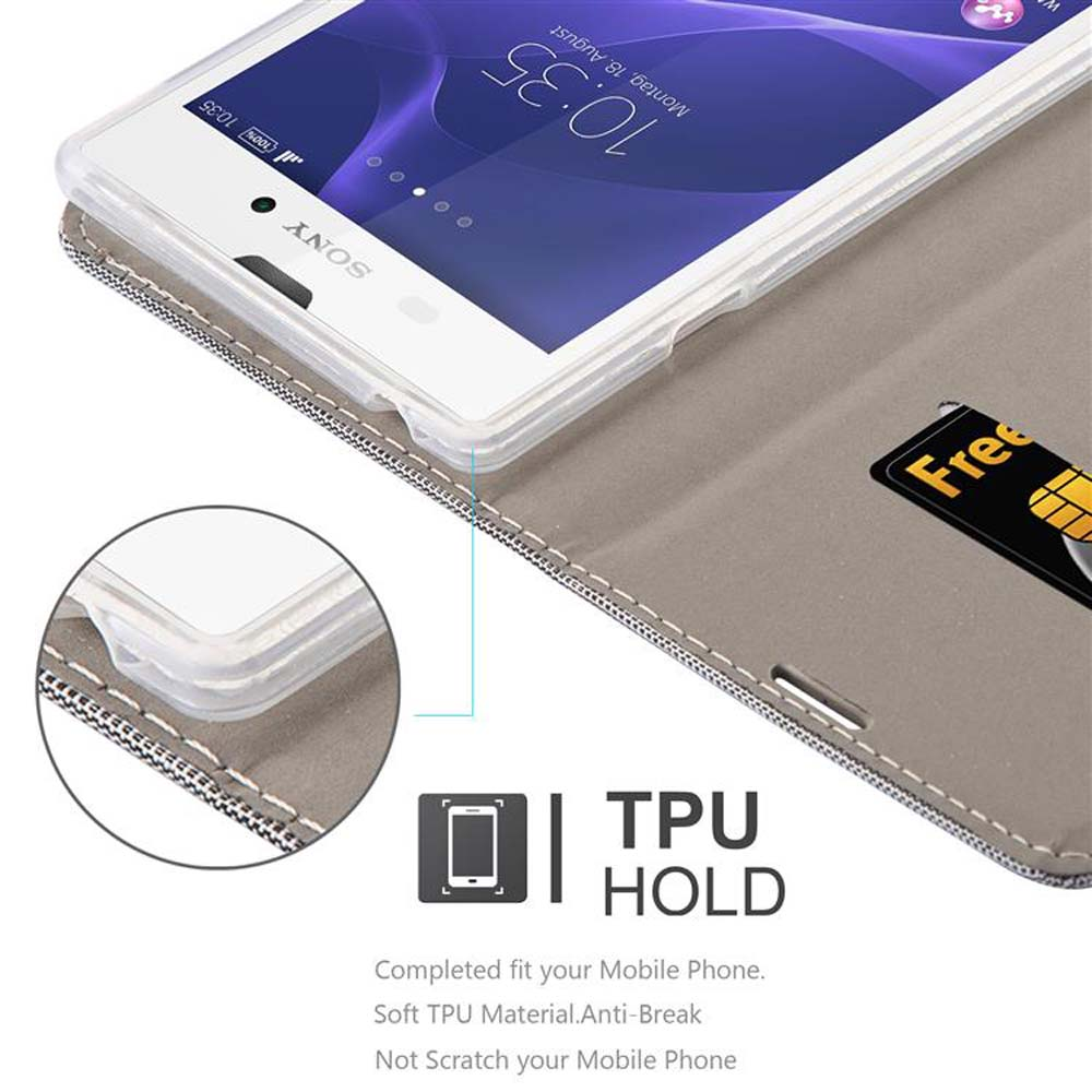Teléfono dentro de la funda, abierta. La funda tiene ranura para tarjeta y tarjeta.