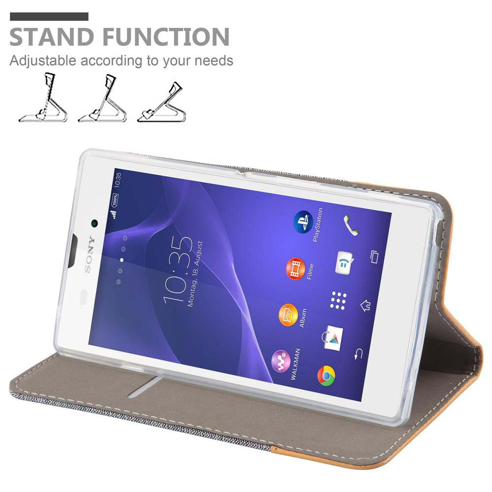 Teléfono en una funda, abierto, con la pantalla visible. Se muestra la función de soporte. La marca Sony es visible.