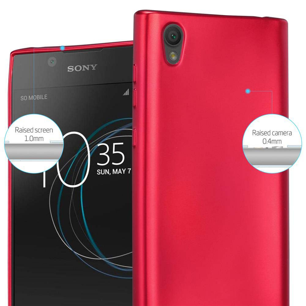 Telefono rosso. Schermo e fotocamera rialzati evidenziati da cerchi. Logo Sony visibile.
