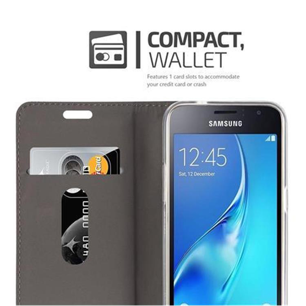 Custodia con slot per carte, che contiene carte. Testo: Compatto, Portafoglio. Telefono con schermo visibile.