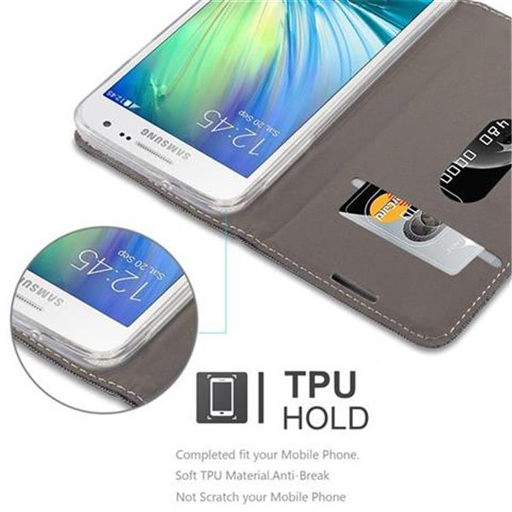 Telefono in una custodia grigia con una carta di credito. Testo: TPU HOLD. Lo schermo del telefono mostra l'ora.