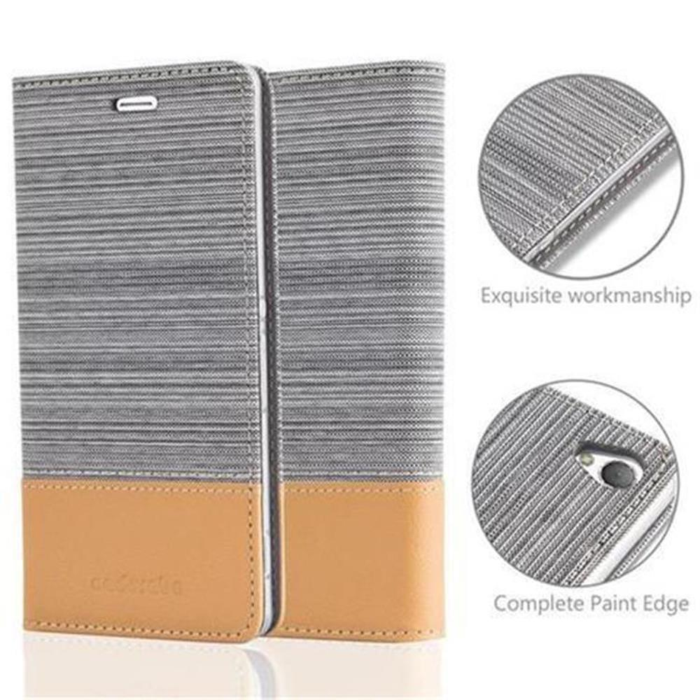 Zwei Handyhüllen, grau und beige, mit Detailaufnahmen von Nähten und Kanten.