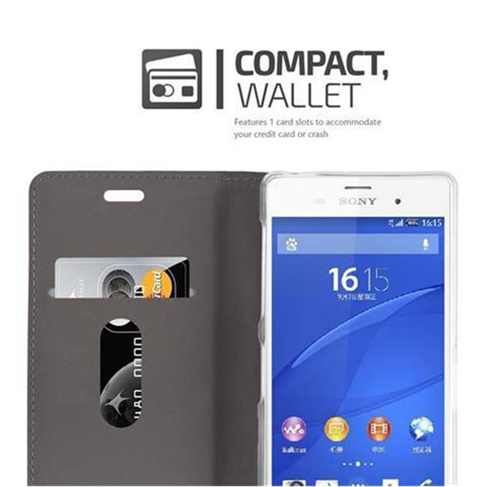 Weißes Telefon in einer grauen Brieftasche, mit Kreditkarte. Kompaktes Portemonnaie.