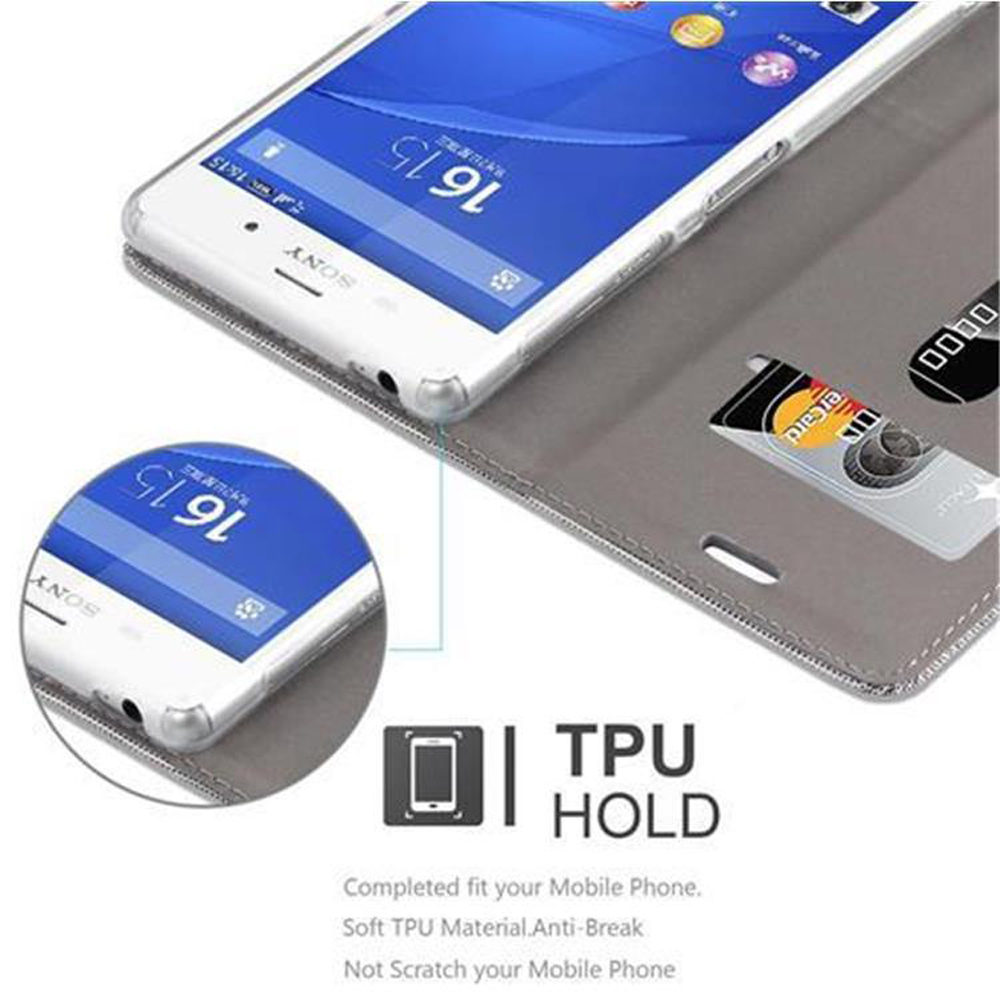 Telefon in einer Hülle mit Kartenfach. Die Hülle ist grau und braun. Eine Karte ist sichtbar.