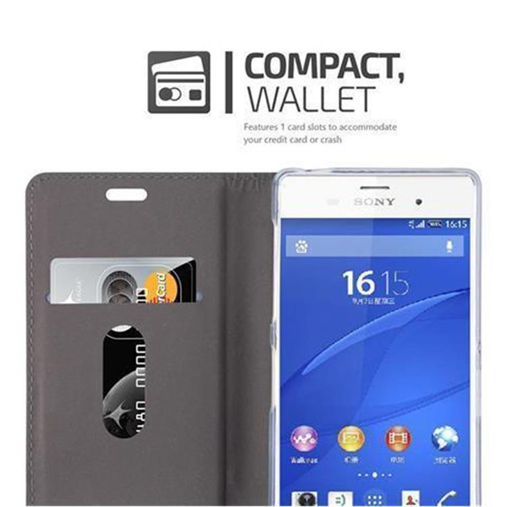 Custodia a portafoglio grigia per telefono con un telefono Sony all'interno. Con slot per carte. Testo: Portafoglio compatto.