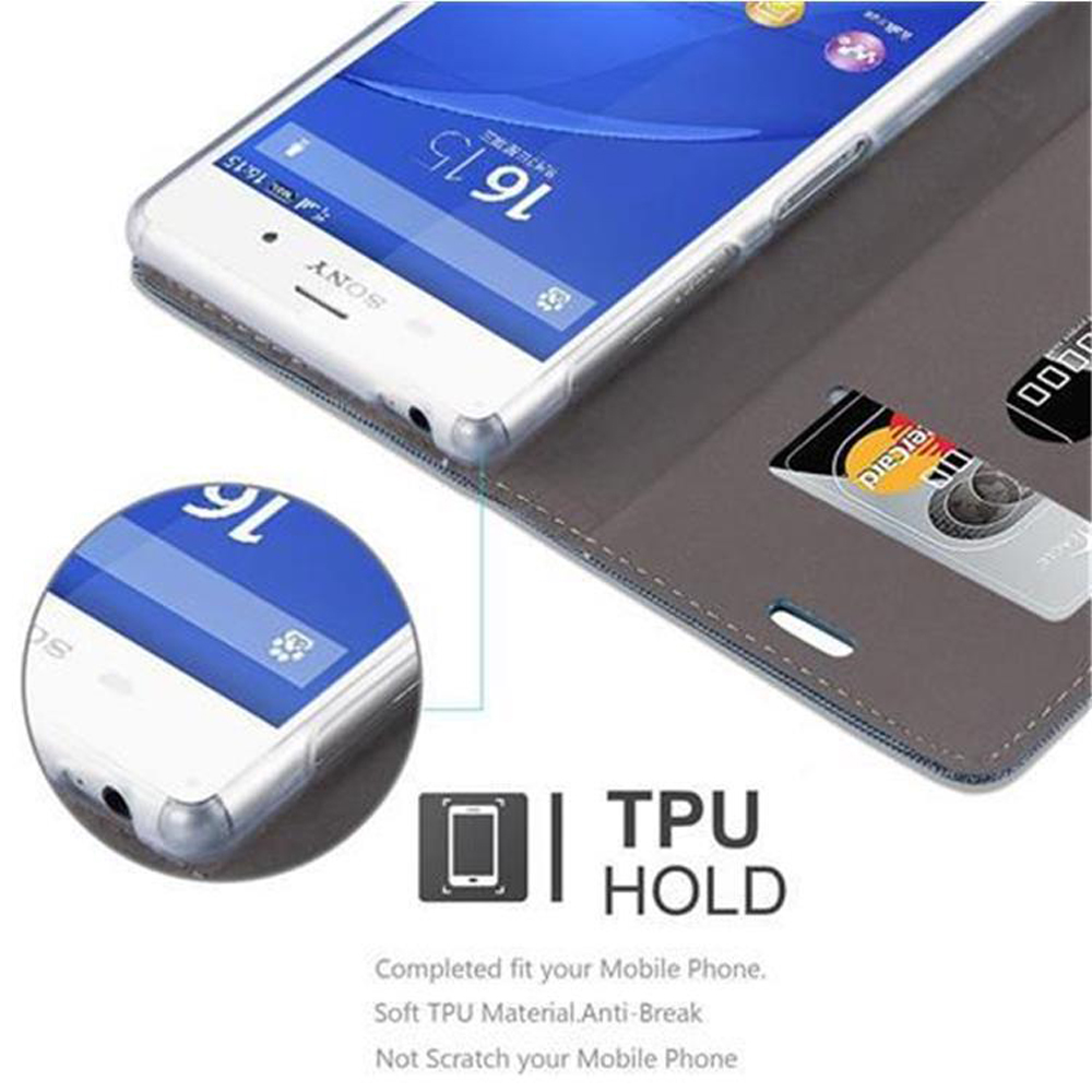 Un telefono dentro una custodia, con uno slot per carte di credito. Lo schermo del telefono ha un orologio.