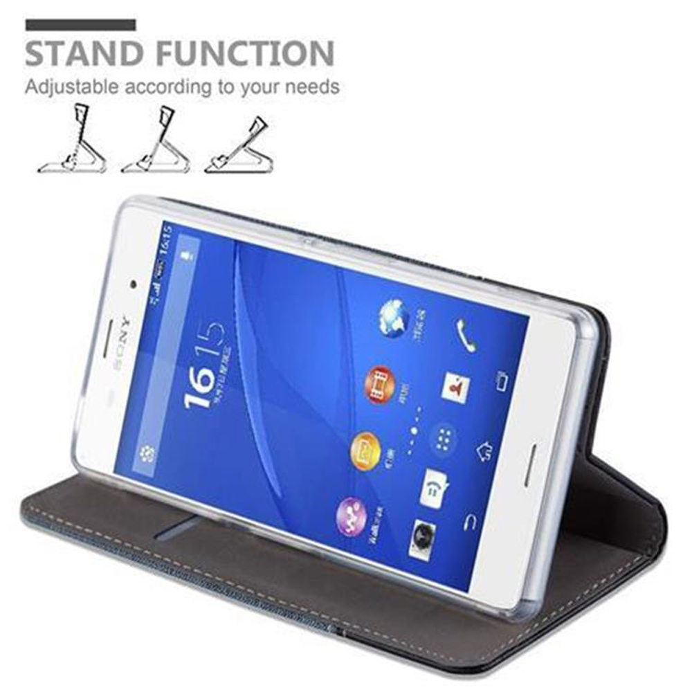 Un telefono bianco con funzione stand, appoggiato su una custodia grigia, con illustrazioni dello stand.