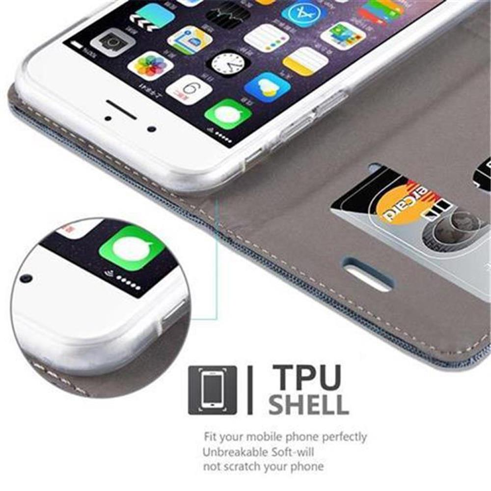 Telefono in una custodia, che mostra lo schermo e uno slot per carte di credito. Il testo indica 'TPU SHELL' e descrive le funzionalità.