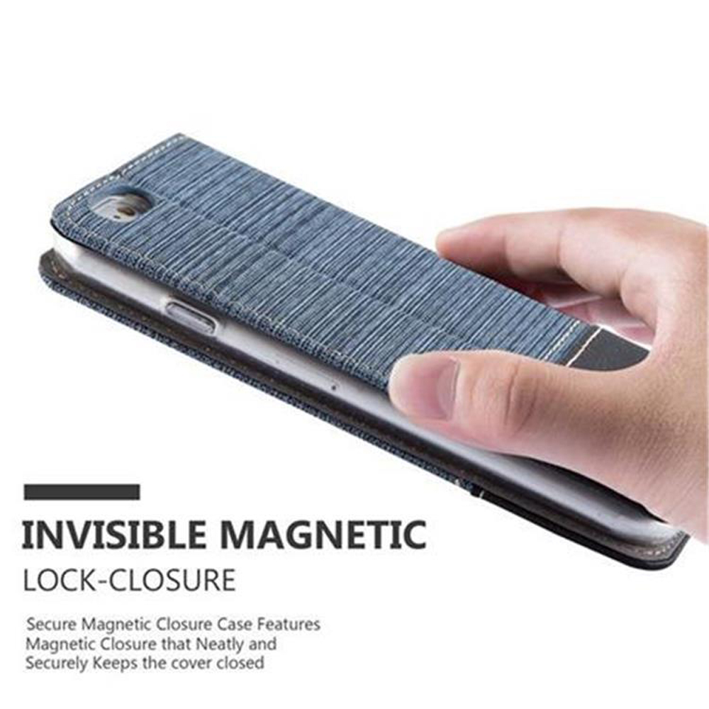 Custodia per telefono aperta con un telefono all'interno. Chiusura magnetica invisibile è scritta sotto il telefono.
