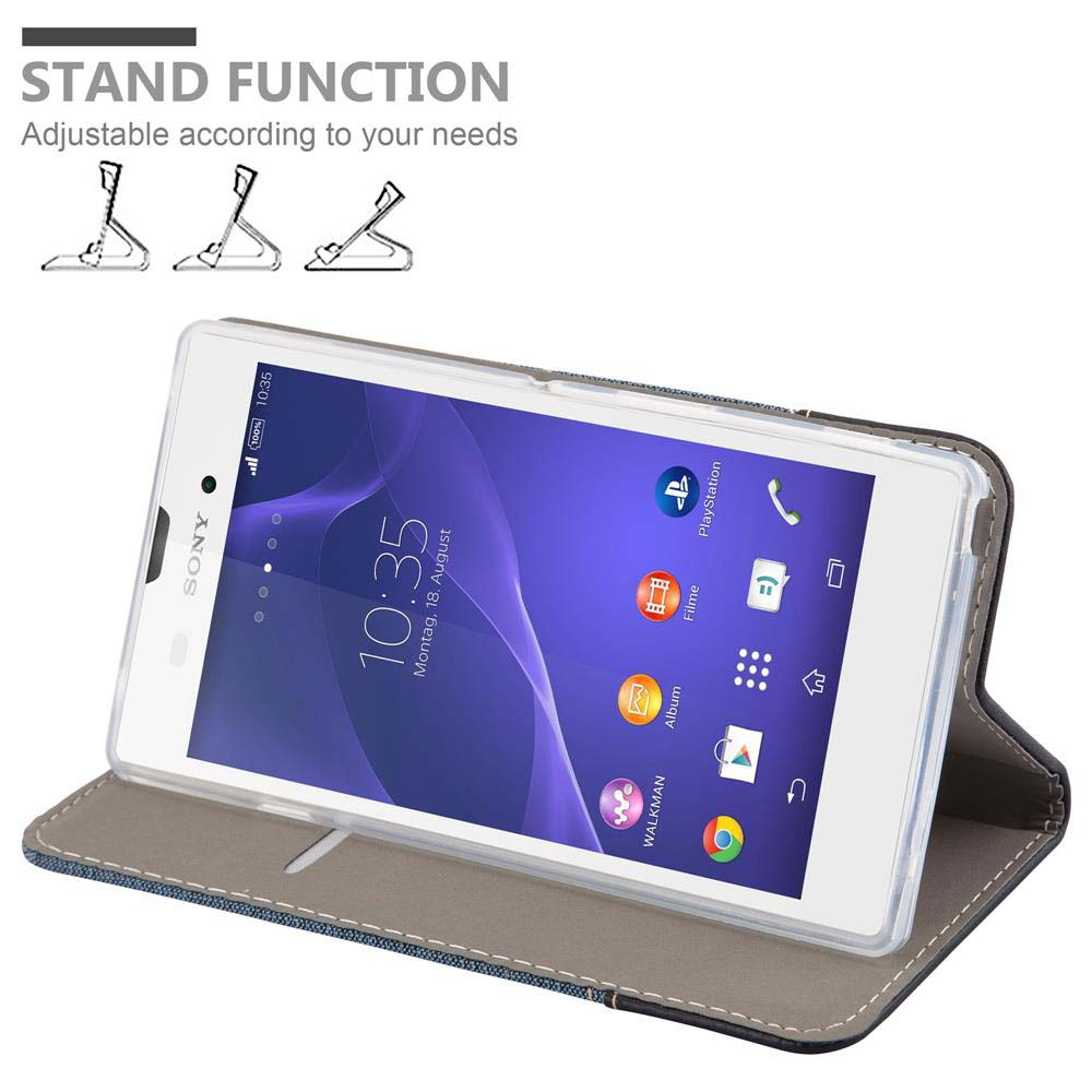 Teléfono en una funda de pie. La funda sirve como soporte. La pantalla muestra la hora.
