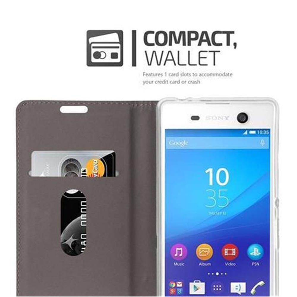 Custodia per telefono con fessure per carte, grigia, con carta e schermo del telefono visibili.