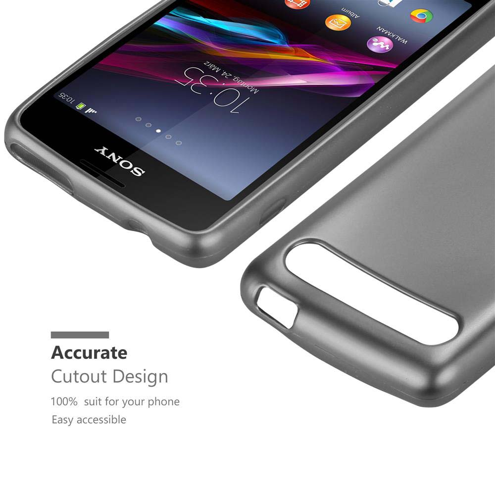 Graue Handyhülle mit Telefon. Das Telefon ist unten. Text „Accurate Cutout Design“ ist vorhanden.