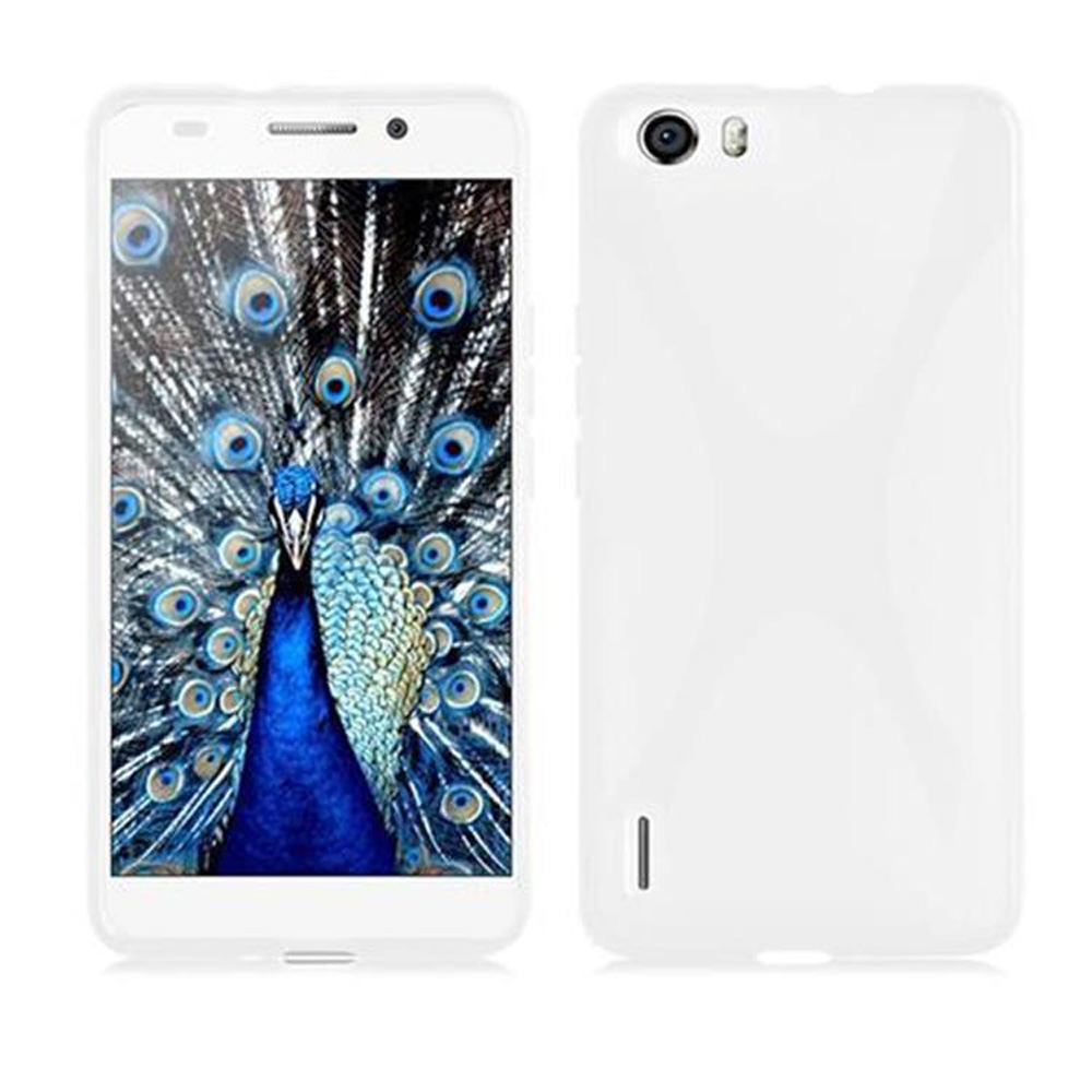 Telefono bianco con display a piume di pavone. L'altro lato è la cover posteriore.