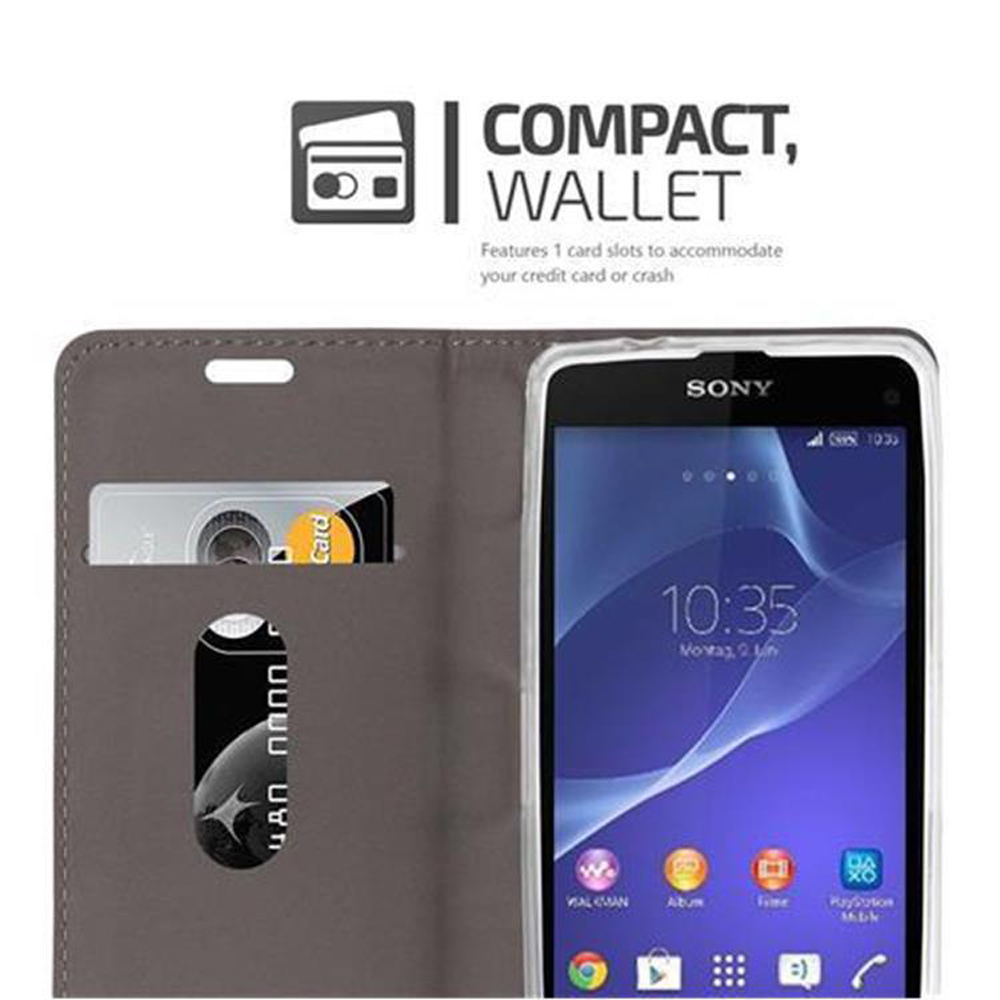 Telefono nella custodia con fessura per carte. Design portafoglio compatto. Mostra 10:35.