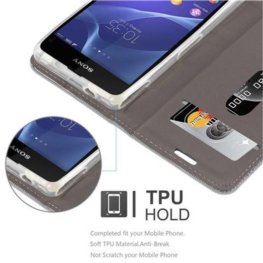 Custodia aperta con un telefono all'interno. Carta e schermo del telefono visibili. Marchio Sony. Testo di tenuta in TPU.