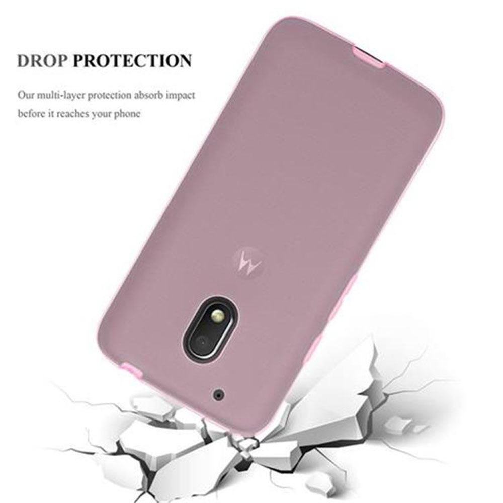 Custodia viola che protegge un telefono, con cemento rotto sotto.