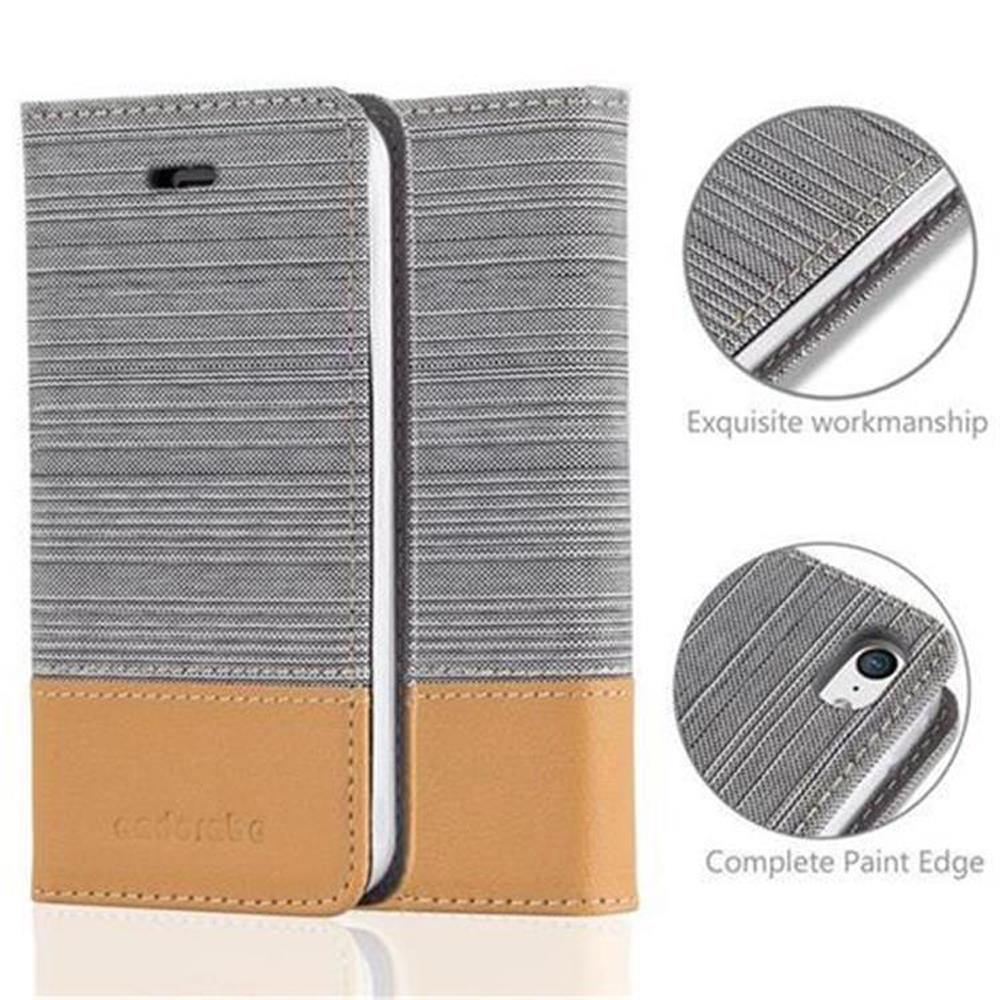 Una funda de teléfono gris con la parte inferior marrón. Vistas detalladas muestran el borde y el área de la cámara.