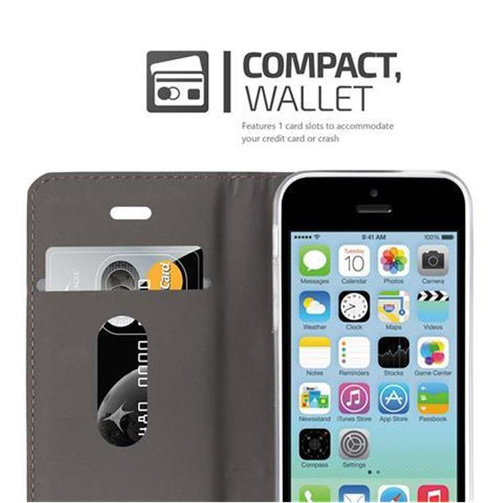 Teléfono negro en funda tipo cartera gris, con ranuras para tarjetas visibles.