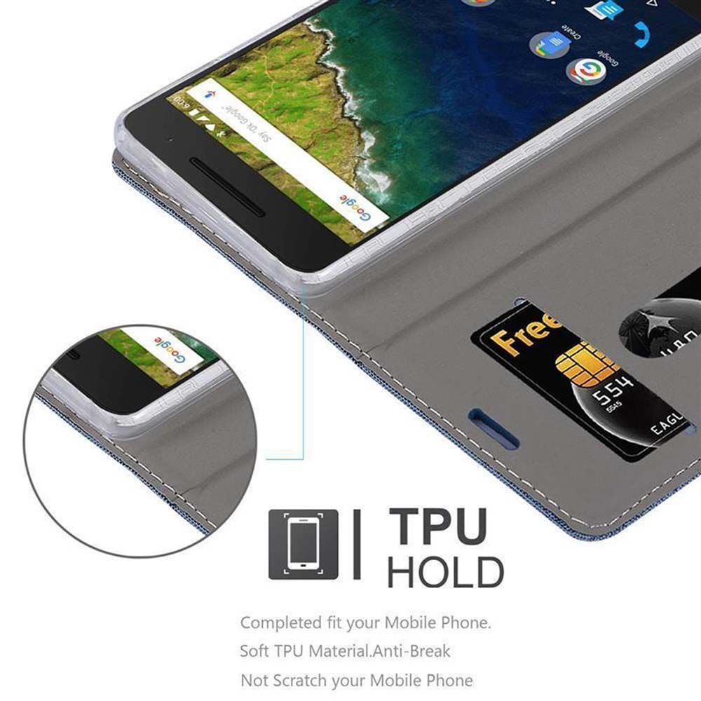 Telefono in una custodia. Custodia grigia, schermo del telefono nero. Barra di ricerca Google visibile. Testo TPU HOLD.