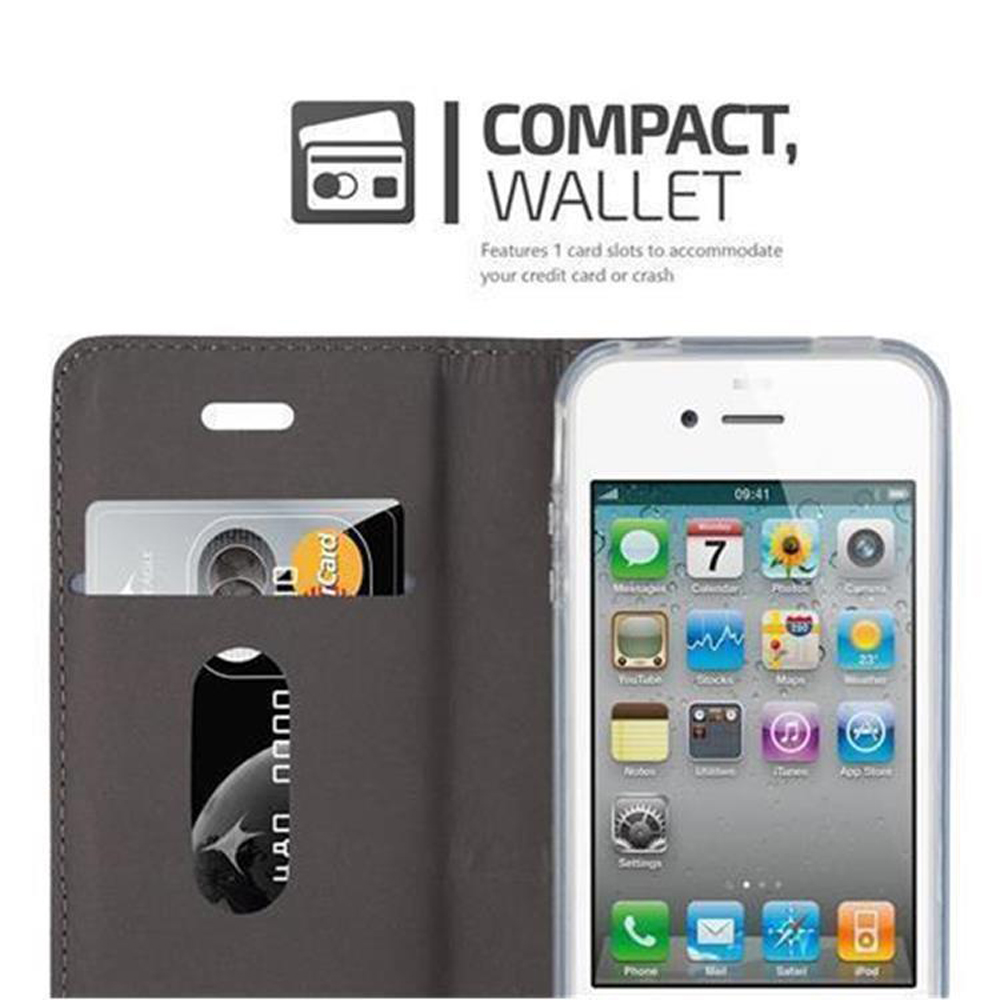 Ein Telefon befindet sich in einer dunklen Hülle mit einer Kreditkarte. Eine Brieftasche wird gezeigt.