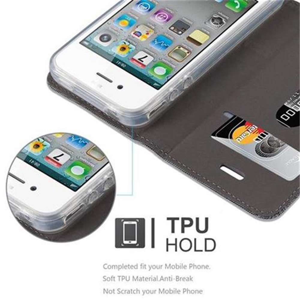 Telefon in einem grauen Gehäuse. Der Bildschirm des Telefons ist sichtbar. TPU-Halterung im Bild.