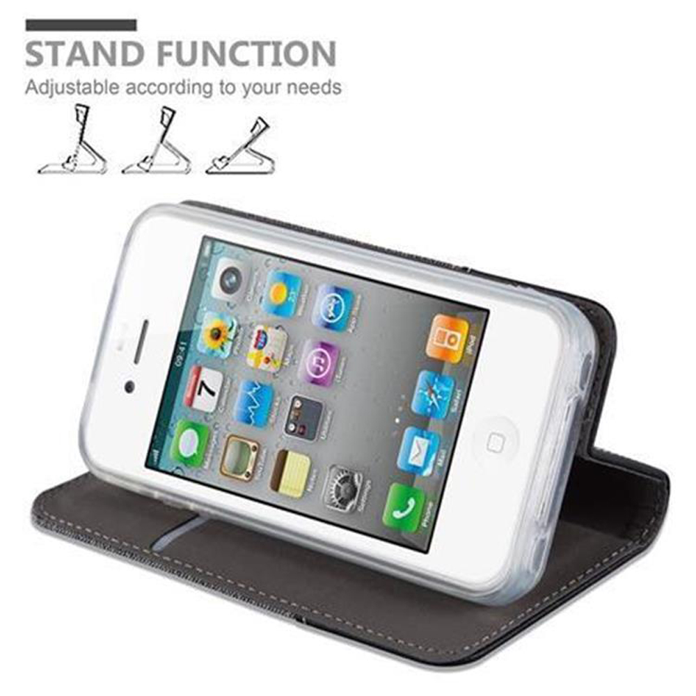 Weißes iPhone in einer geöffneten Folio-Hülle. Schwarze Hülle, weißes Telefon und Symbole sind sichtbar.