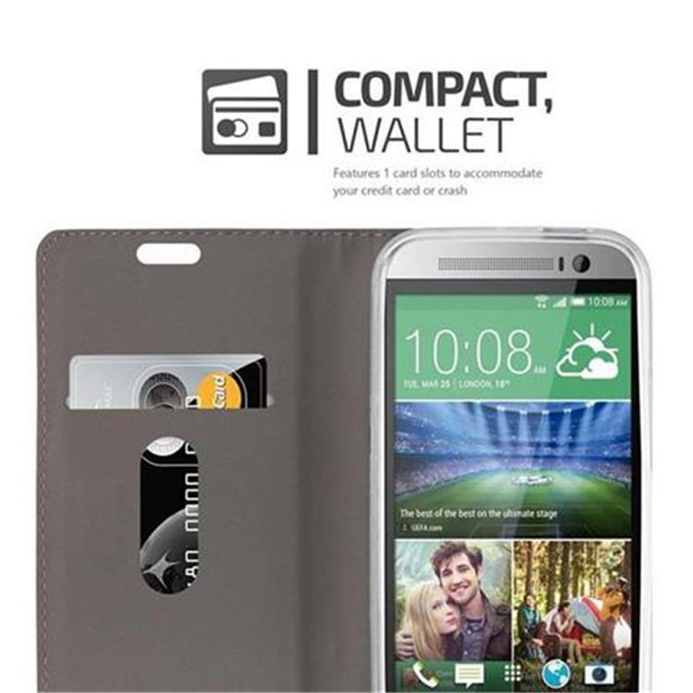 Graue Handyhülle mit Telefon, mit Kartenfächern und Blick auf den Bildschirm.