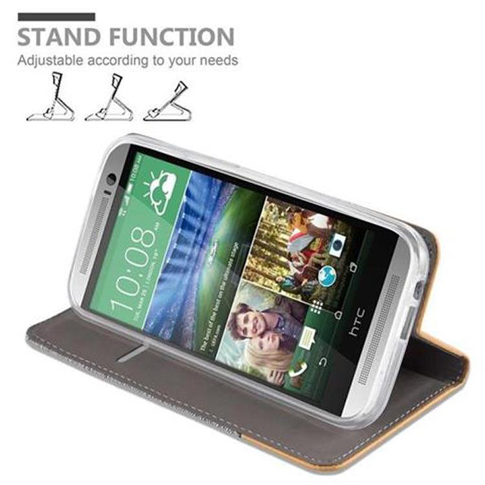 Ein Telefon in einer Handyhülle, das hochgeklappt ist und den Bildschirm zeigt. Die Hülle ist grau.