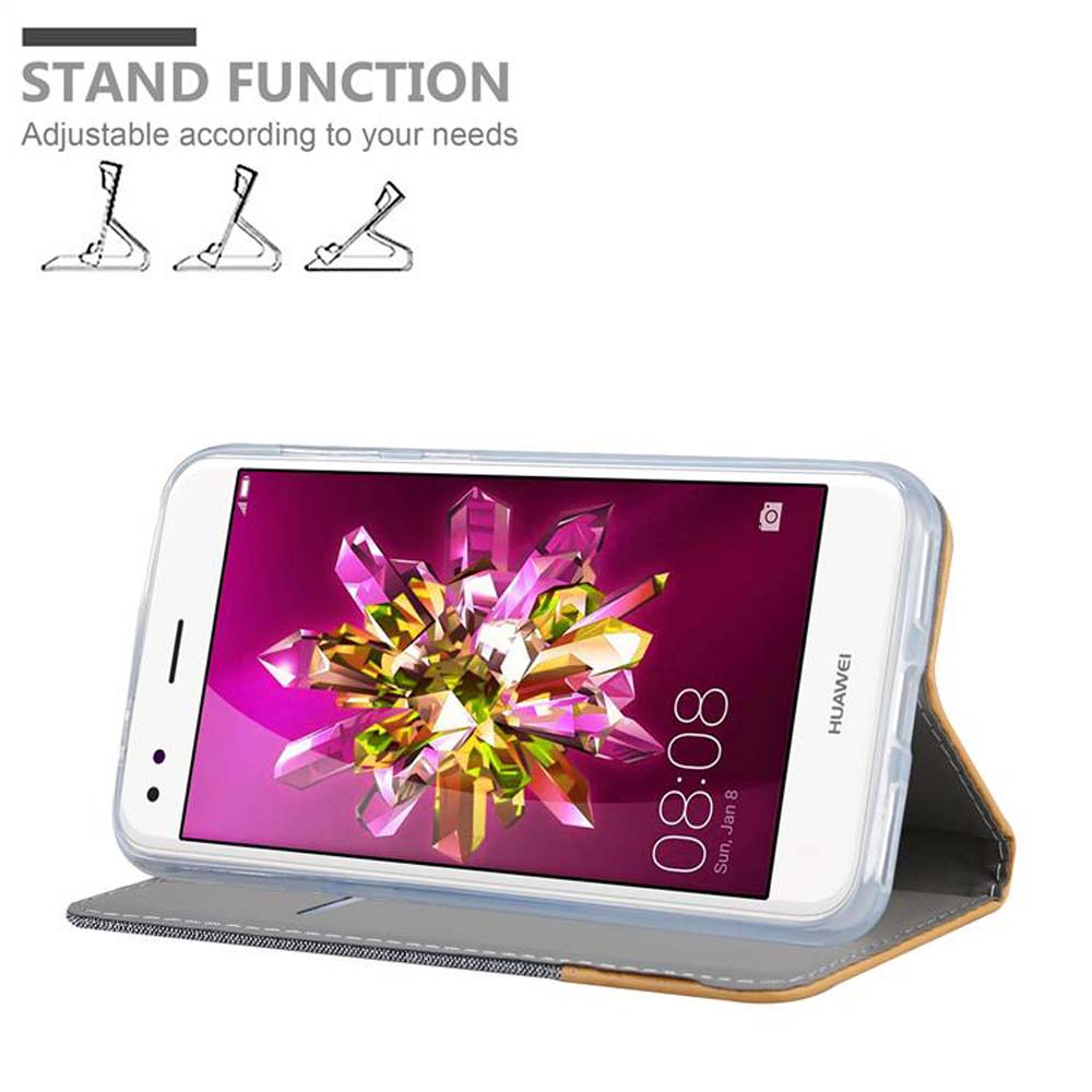 Ein weißes Smartphone in einer Hülle, hochgeklappt. Der Bildschirm zeigt die Uhrzeit. Text: 'STAND FUNKTION'.